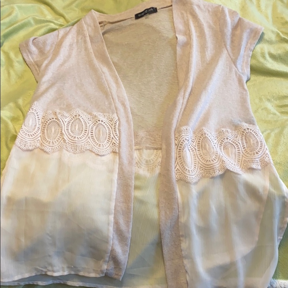 EUC Beige Lace Chiffon short sleeve cardigan